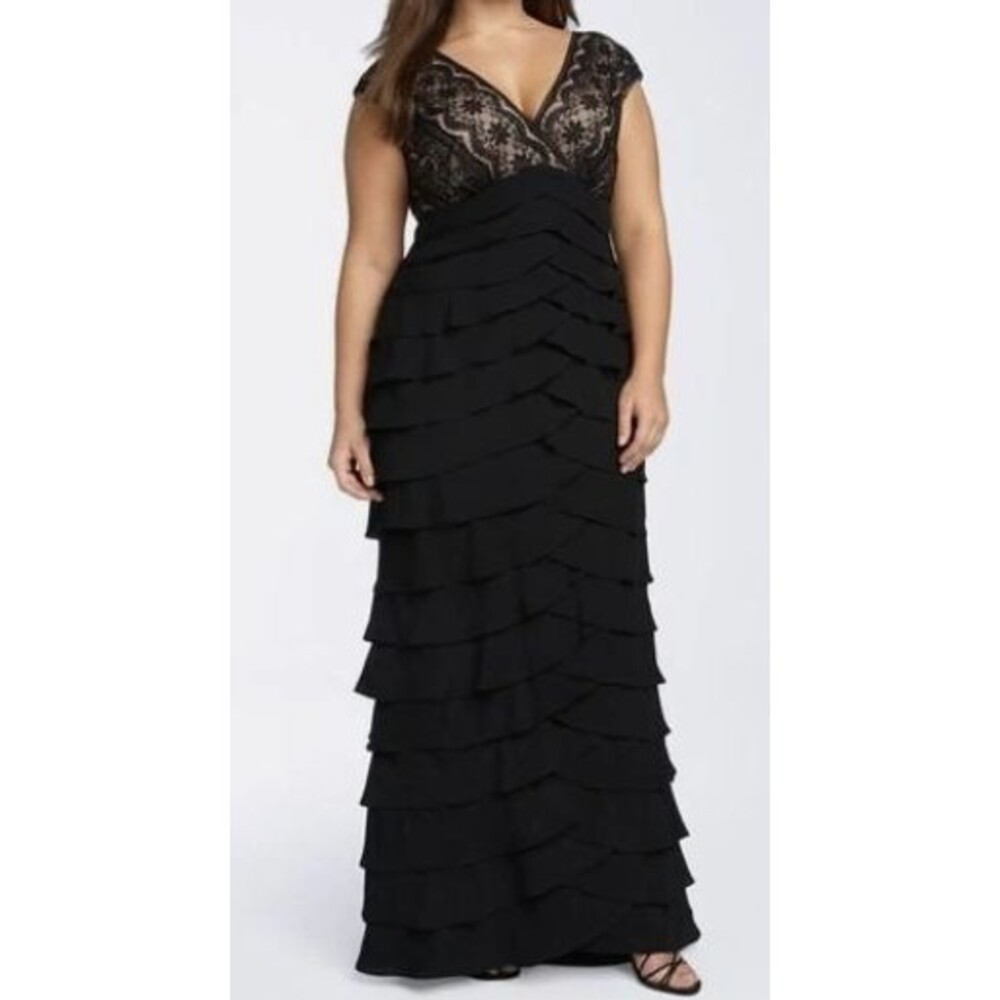 Adrianna Papell 20W Black Nude Lace Tiered Ruffle Maxi Formal Evening Gown Plus - Picture 1 of 10